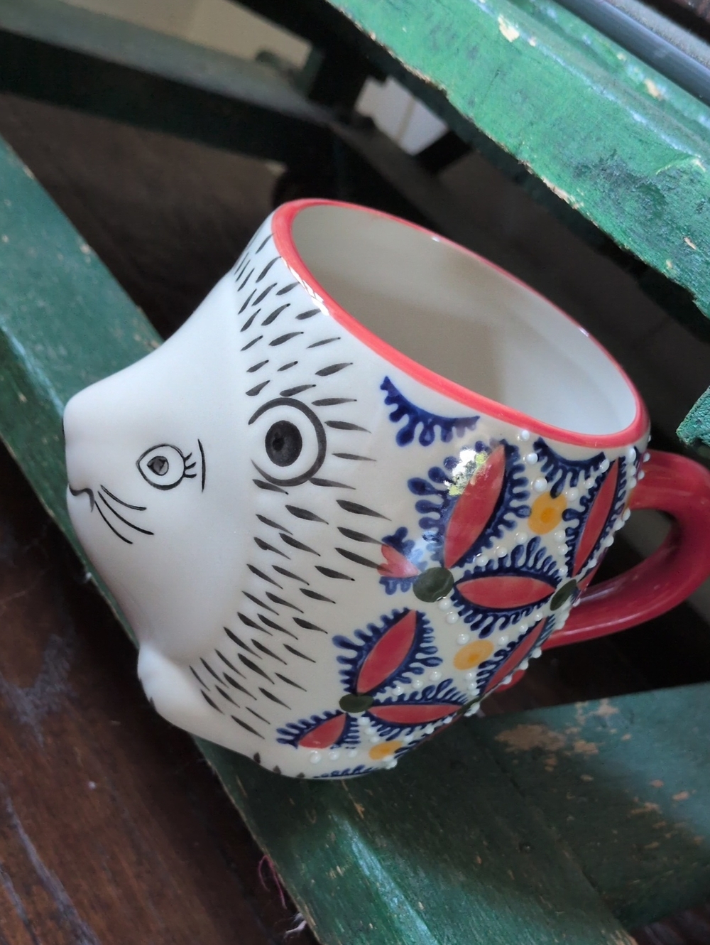 ANTHRO I Hand-Painted 3D Ceramic Folk Art Hedgehog Mug with Coral & Blue Accents
